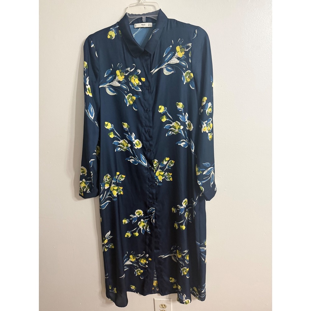 Mango MNG Suit Navy Blue Floral Button Down Midi Shirt Dress Womens Size 4 Small